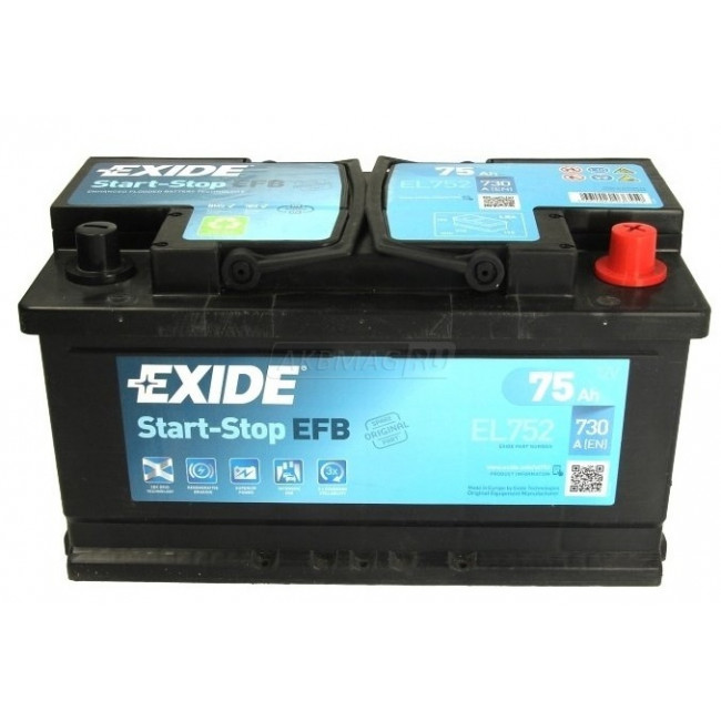 EXIDE Start-Stop EFB EL752 (75R), 730 А, 75 Ач